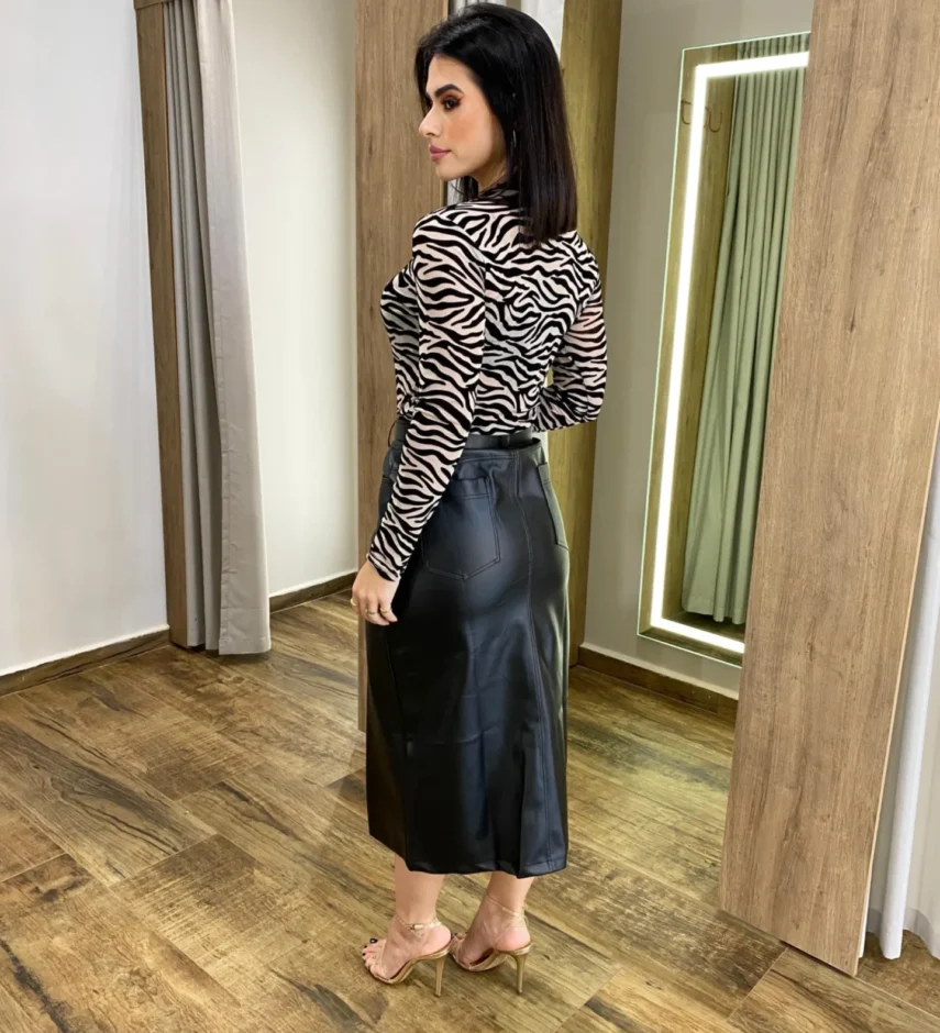 Body Feminino Diana sem Bojo Tule Manga Longa Animal Print Nude - Fernanda Ramos Store