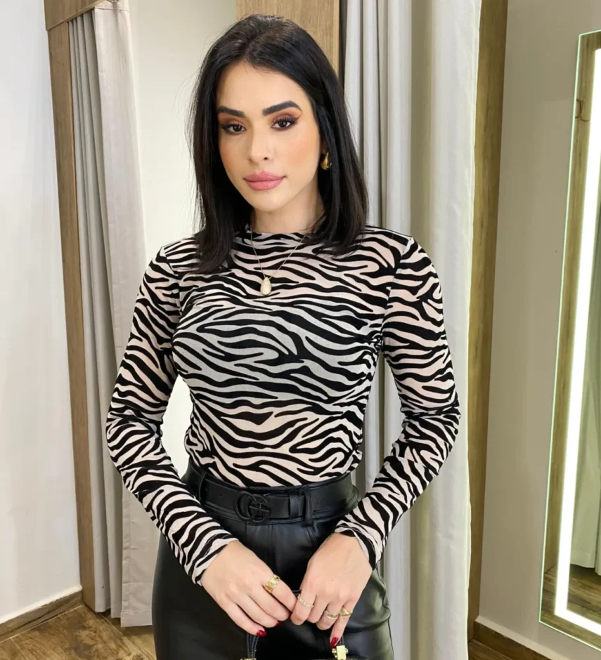 Body Feminino Diana sem Bojo Tule Manga Longa Animal Print Nude - Fernanda Ramos Store
