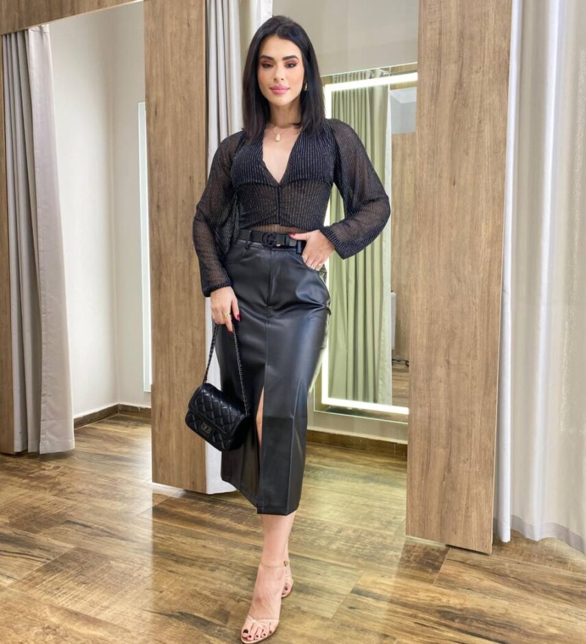 Body Feminino Manga Longa sem Bojo Lurex Fio Prata Preto - Fernanda Ramos Store