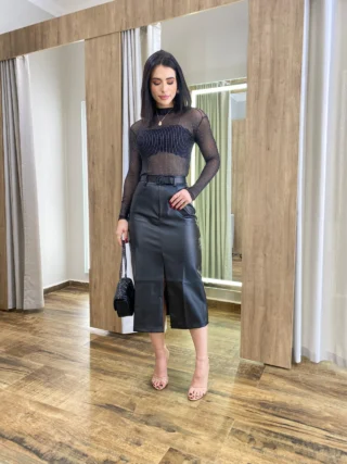 Body Feminino Manga Longa sem Bojo Lurex Preto com Fio Prata - Fernanda Ramos Store