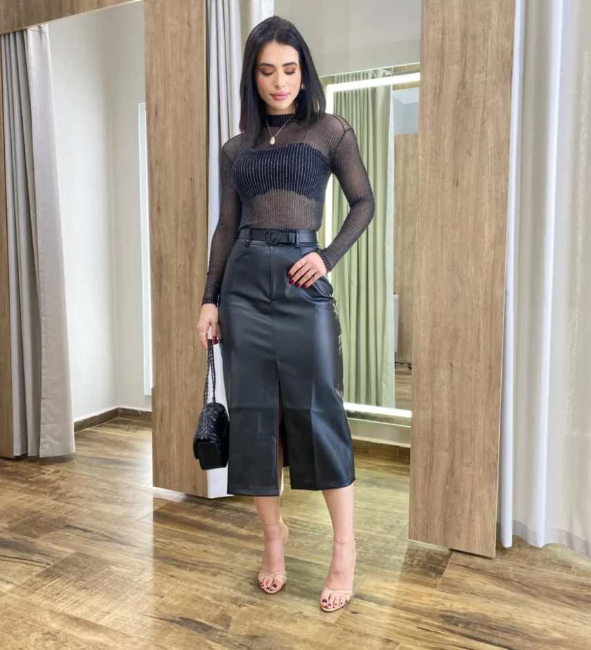 Body Feminino Manga Longa sem Bojo Lurex Preto com Fio Prata - Fernanda Ramos Store