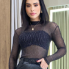 Body Feminino Manga Longa sem Bojo Lurex Preto com Fio Prata - Fernanda Ramos Store