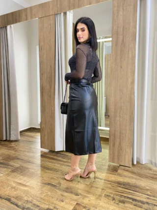 Body Feminino Manga Longa sem Bojo Lurex Preto com Fio Prata - Fernanda Ramos Store