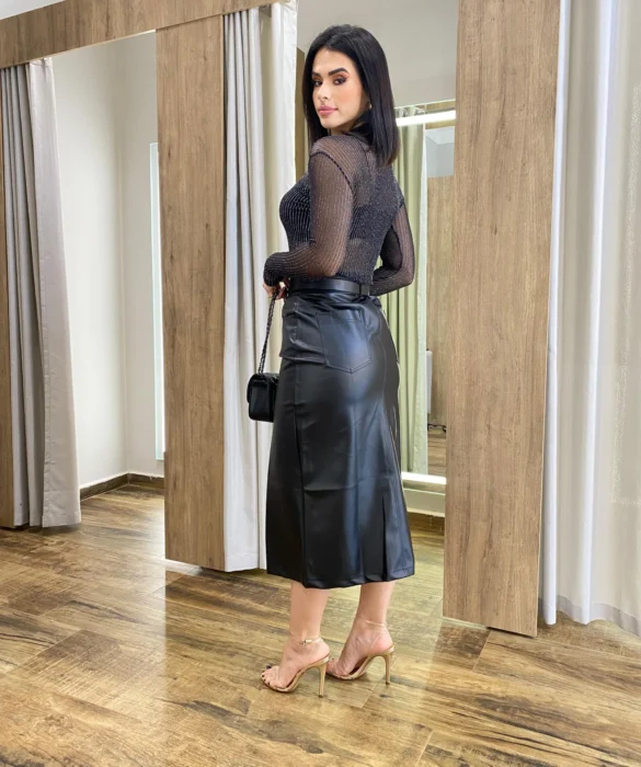 Body Feminino Manga Longa sem Bojo Lurex Preto com Fio Prata - Fernanda Ramos Store