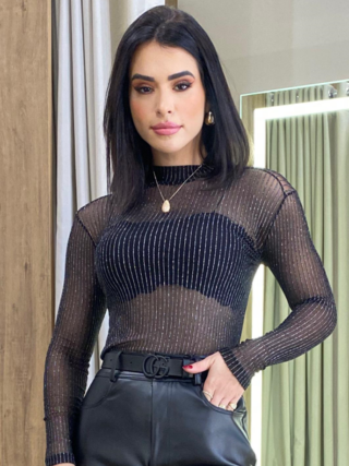 Body Feminino Manga Longa sem Bojo Lurex Preto com Fio Prata - Fernanda Ramos Store