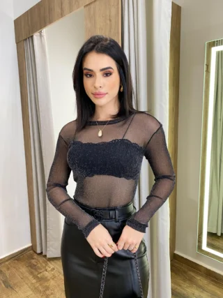 Body Feminino Melina Lurex Manga Longa sem Bojo Preto - Fernanda Ramos Store