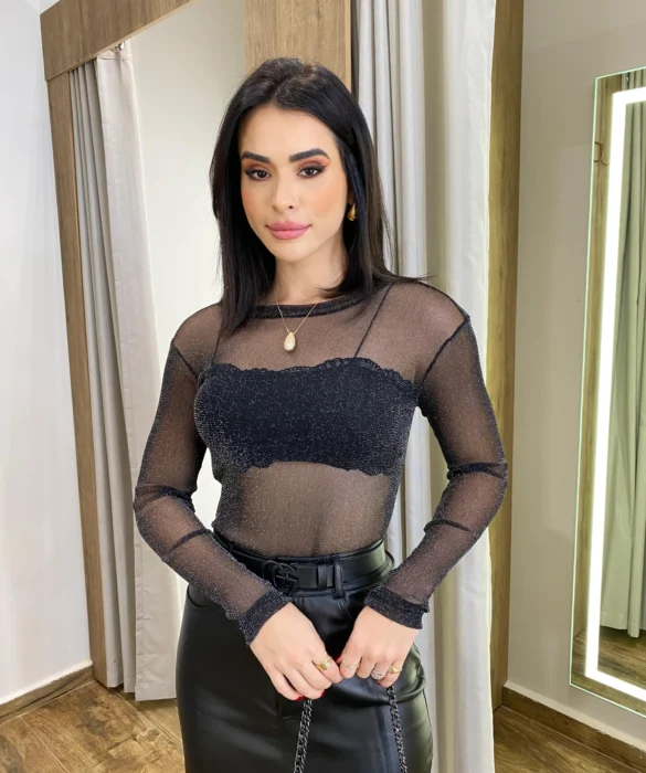 Body Feminino Melina Lurex Manga Longa sem Bojo Preto - Fernanda Ramos Store