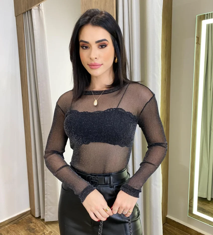 Body Feminino Melina Lurex Manga Longa sem Bojo Preto - Fernanda Ramos Store