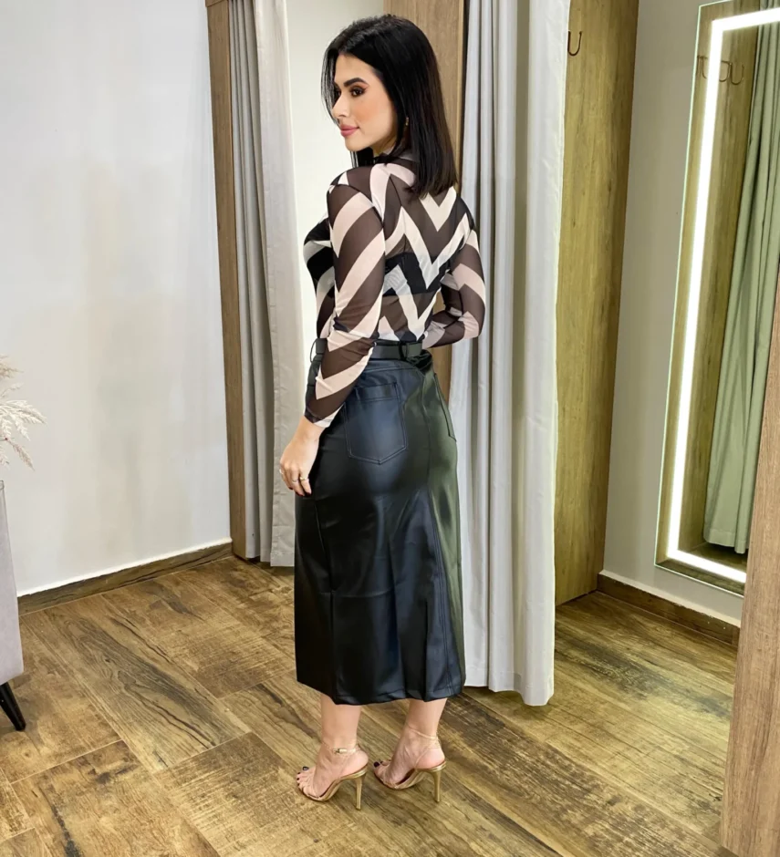Body Feminino Tule Manga Longa sem Bojo Estampado Cinza - Fernanda Ramos Store
