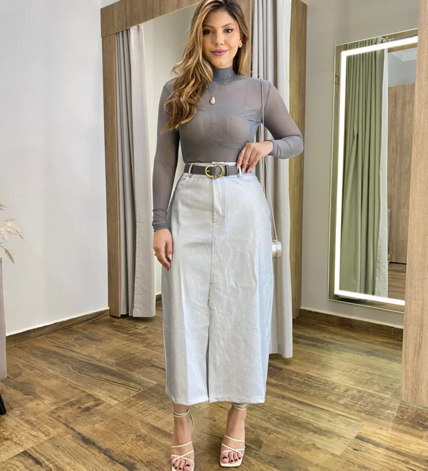 Body Feminino Tule sem Bojo Manga Longa Cinza com Transparência - Fernanda Ramos Store