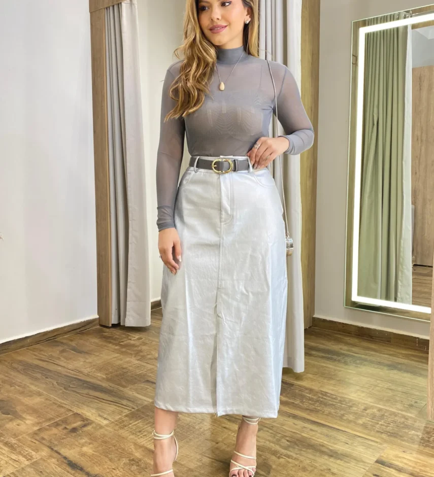 Body Feminino Tule sem Bojo Manga Longa Cinza com Transparência - Fernanda Ramos Store