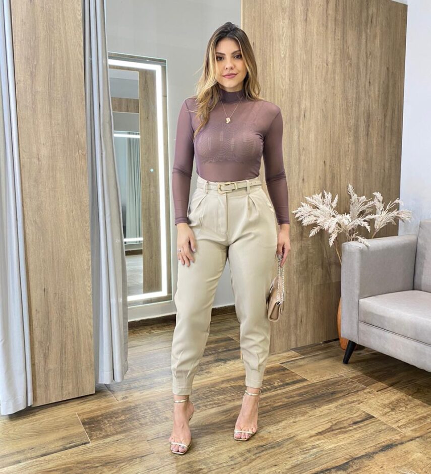 Body Feminino Tule Marrom sem Bojo Manga Longa com Transparência - Fernanda Ramos Store