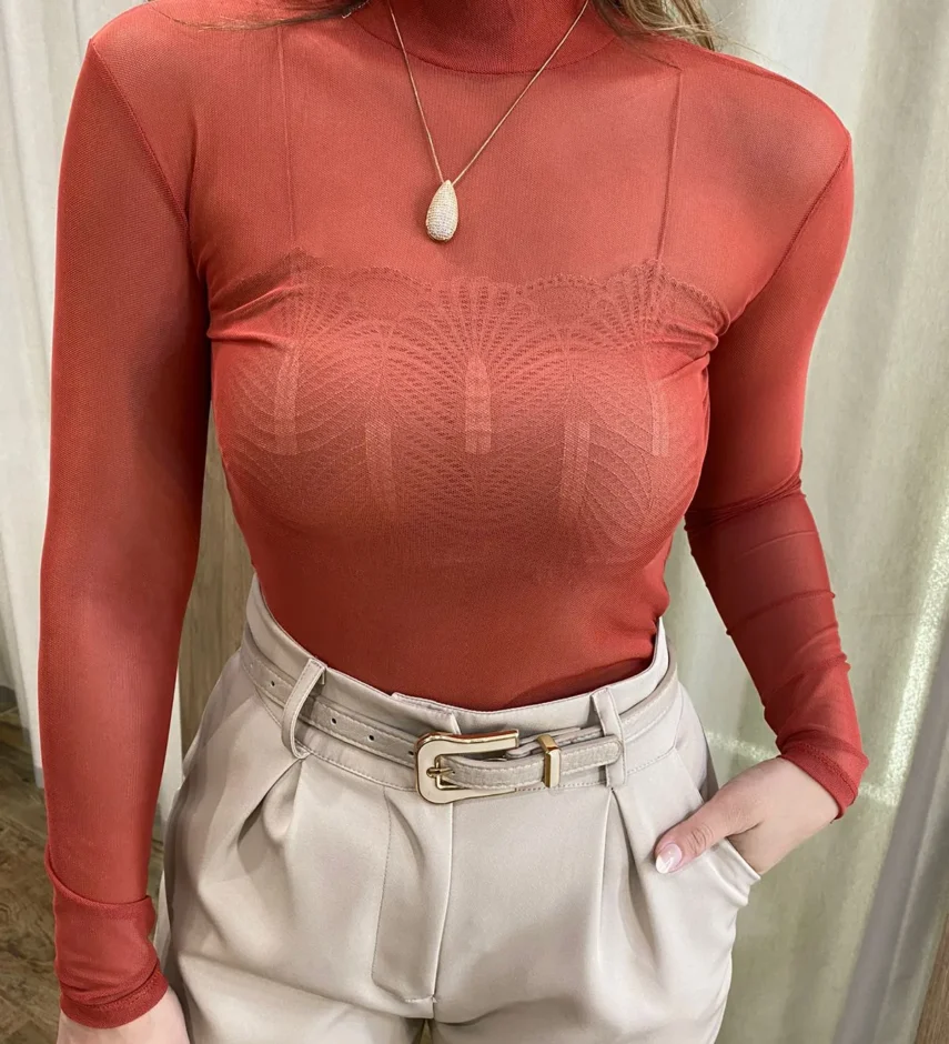 Body Feminino Tule sem Bojo Manga Longa Terracota com Transparência - Fernanda Ramos Store