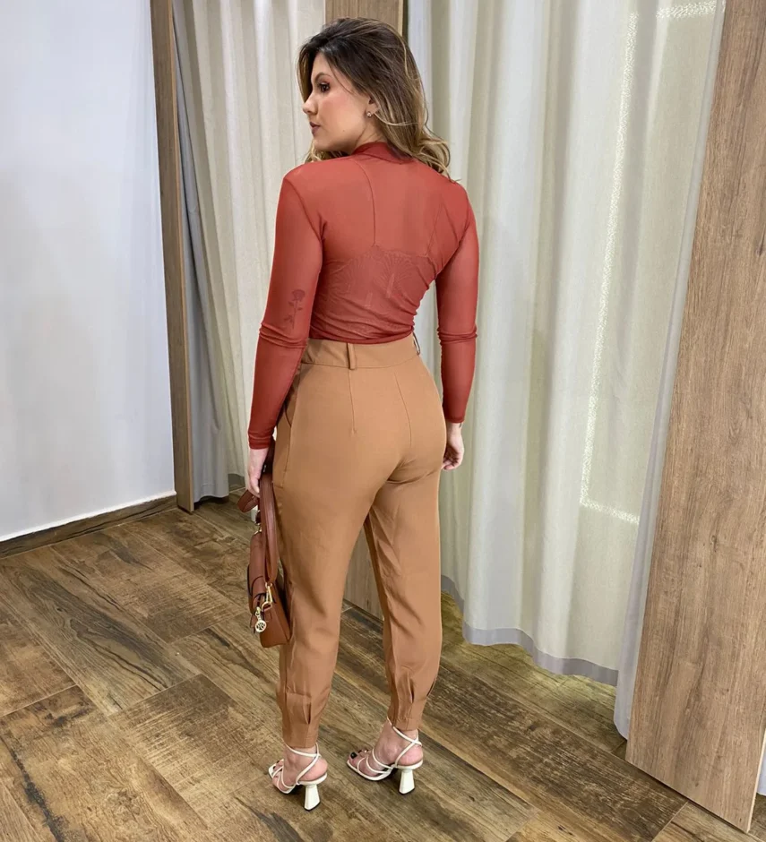 Body Feminino Tule sem Bojo Manga Longa Terracota Escuro - Fernanda Ramos Store