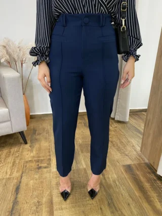 Calça Feminina Alfaiataria Aurora Azul Marinho com Bolsos - Fernanda Ramos Store