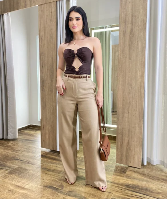 Calça Feminina Pantalona Bia Viscolinho Caqui - Fernanda Ramos Store