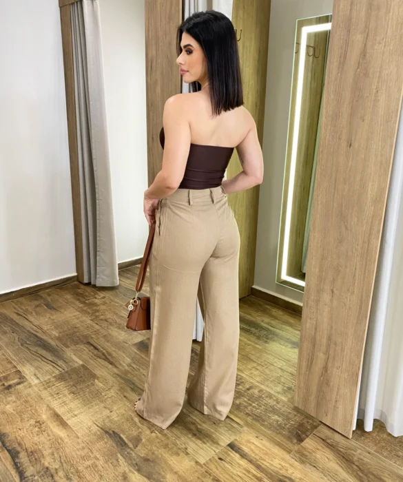 Calça Feminina Pantalona Bia Viscolinho Caqui - Fernanda Ramos Store