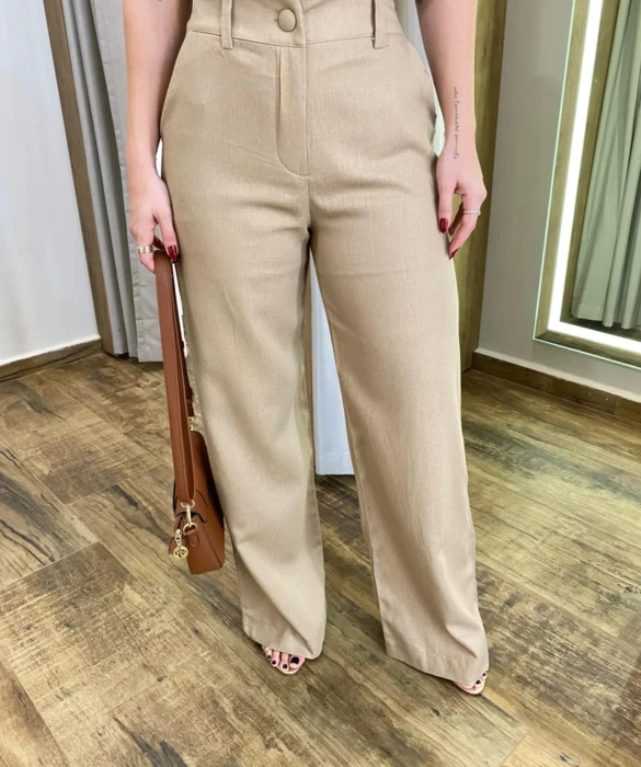 Calça Feminina Pantalona Bia Viscolinho Caqui - Fernanda Ramos Store