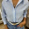 Camisa Cropped Alongado Manga Longa Listrado de Azul - Fernanda Ramos Store