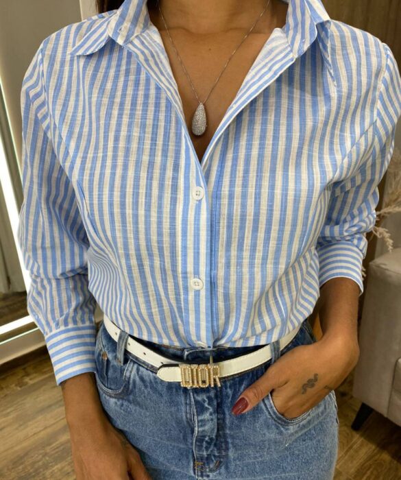 Camisa Cropped Alongado Manga Longa Listrado de Azul - Fernanda Ramos Store