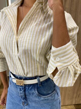 Camisa Cropped Alongado Manga Longa Listrado de Bege - Fernanda Ramos Store