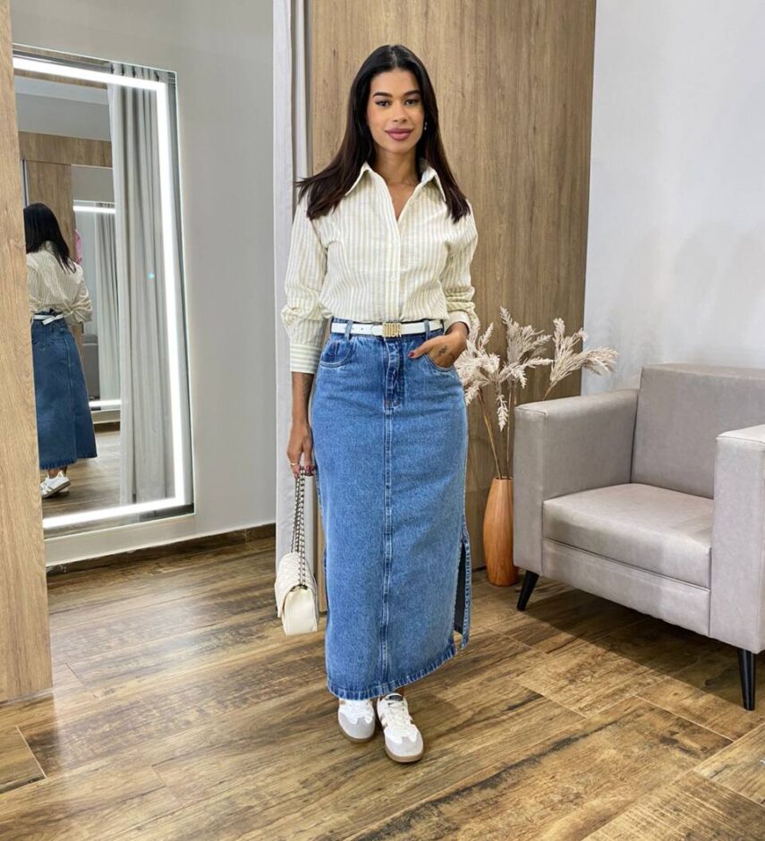 Camisa Cropped Alongado Manga Longa Listrado de Bege - Fernanda Ramos Store