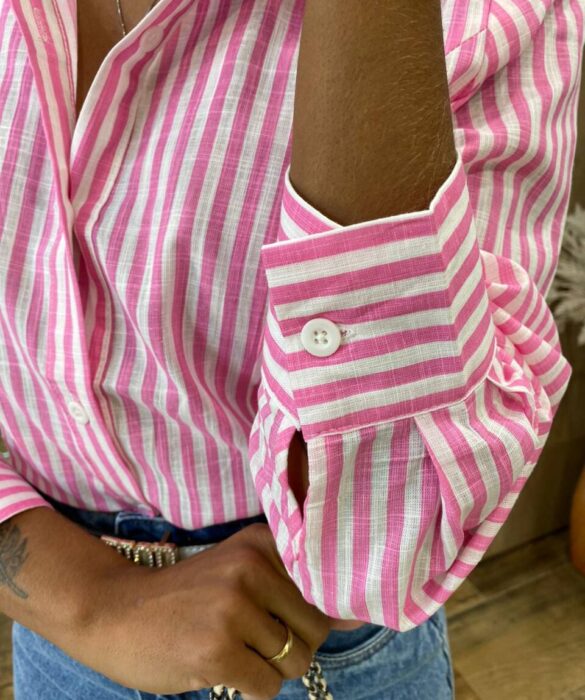 Camisa Cropped Alongado Manga Longa Listrado de Rosa - Fernanda Ramos Store