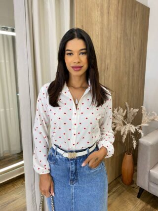 Camisa Feminina Jade Manga Longa Branca Estampada com Corações - Fernanda Ramos Store