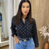 Camisa Feminina Jade Manga Longa Preta Estampada com Corações - Fernanda Ramos Store