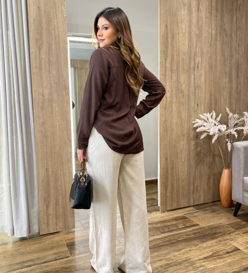 Camisa Feminina Manga Longa Júlia Viscolinho Marrom Escuro - Fernanda Ramos Store