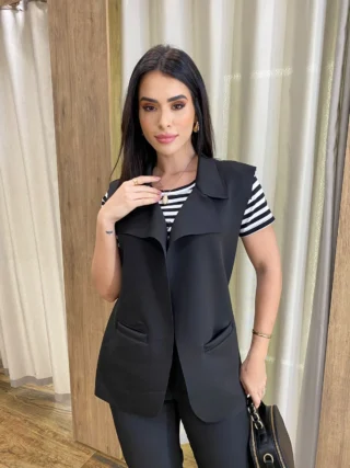 Colete Feminino Raquel com Bolsos Falsos Preto - Fernanda Ramos Store