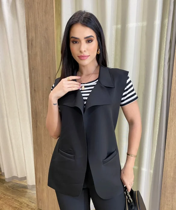 Colete Feminino Raquel com Bolsos Falsos Preto - Fernanda Ramos Store