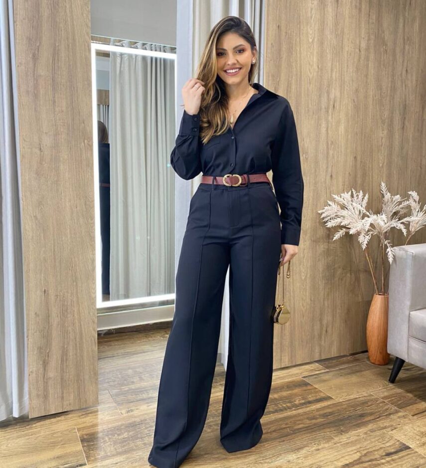 Conjunto Feminino Alfaiataria Cropped Manga Longa e Calça Preto - Fernanda Ramos Store