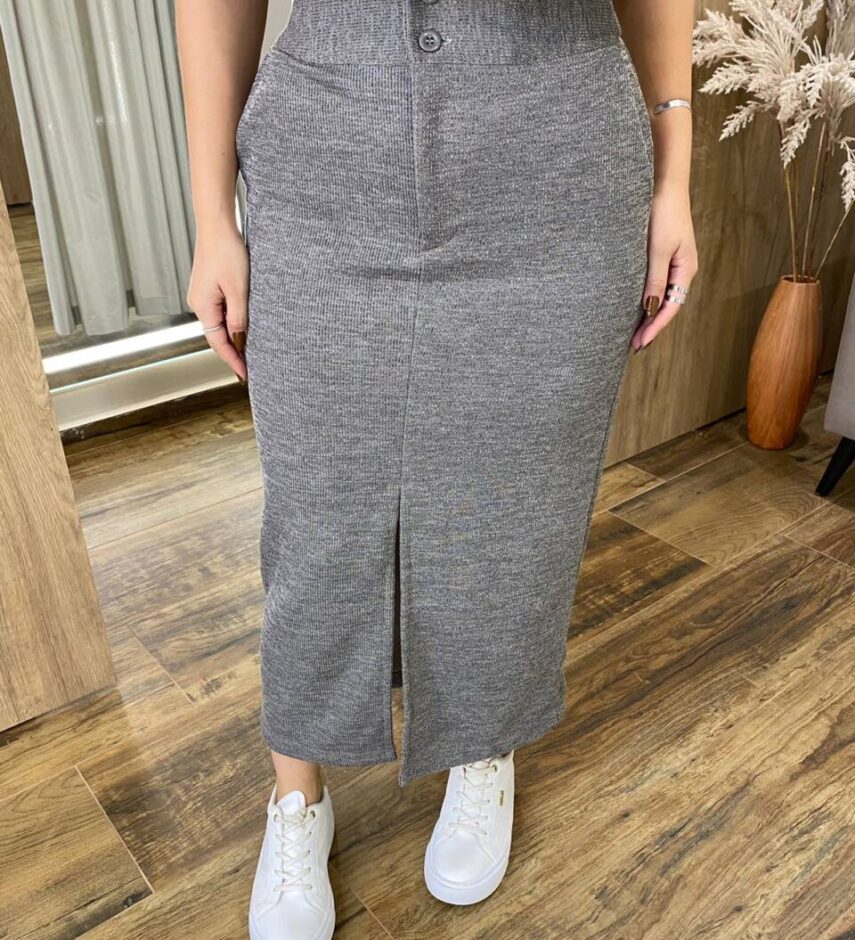 Conjunto Feminino Ana Blusa Manga Longa e Saia Midi com Fenda Cinza - Fernanda Ramos Store