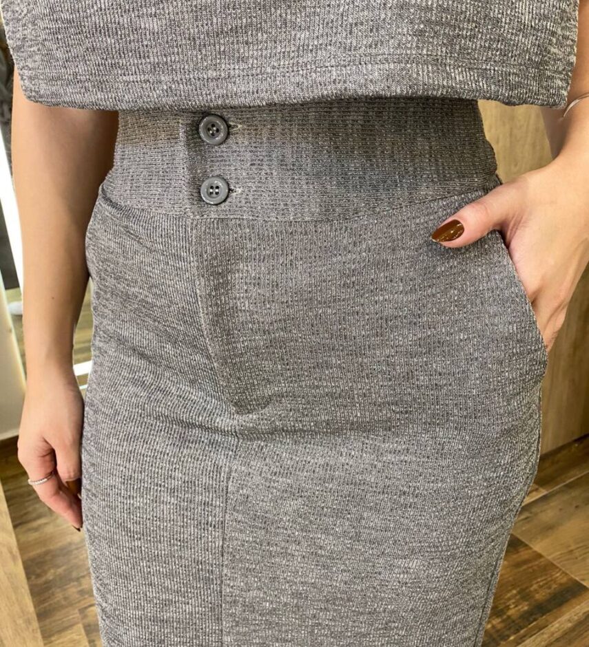 Conjunto Feminino Ana Blusa Manga Longa e Saia Midi com Fenda Cinza - Fernanda Ramos Store