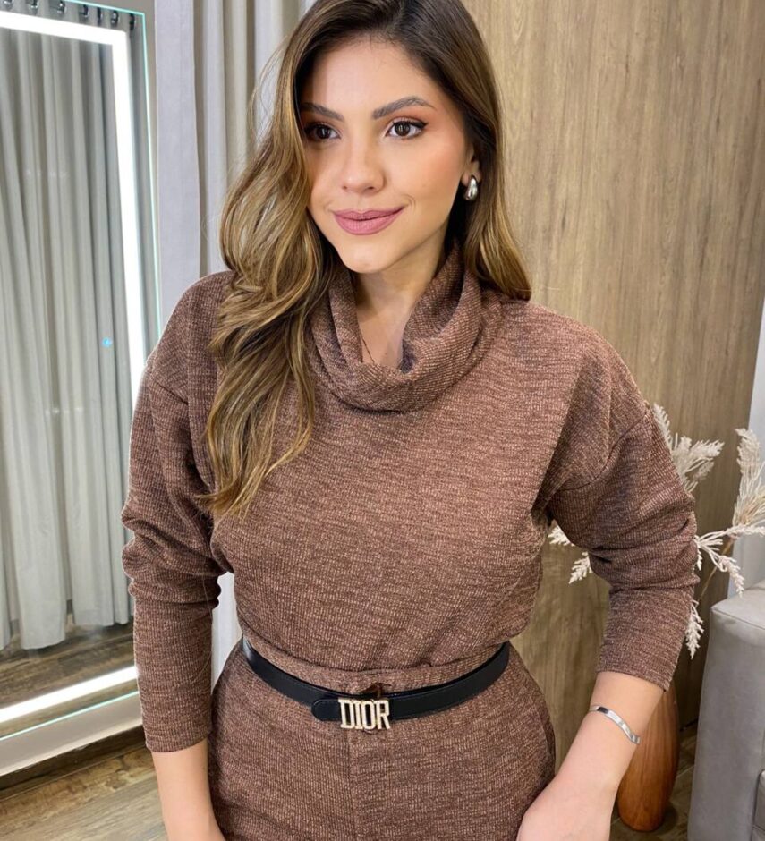 Conjunto Feminino Ana Blusa Manga Longa e Saia Midi com Fenda Marrom - Fernanda Ramos Store