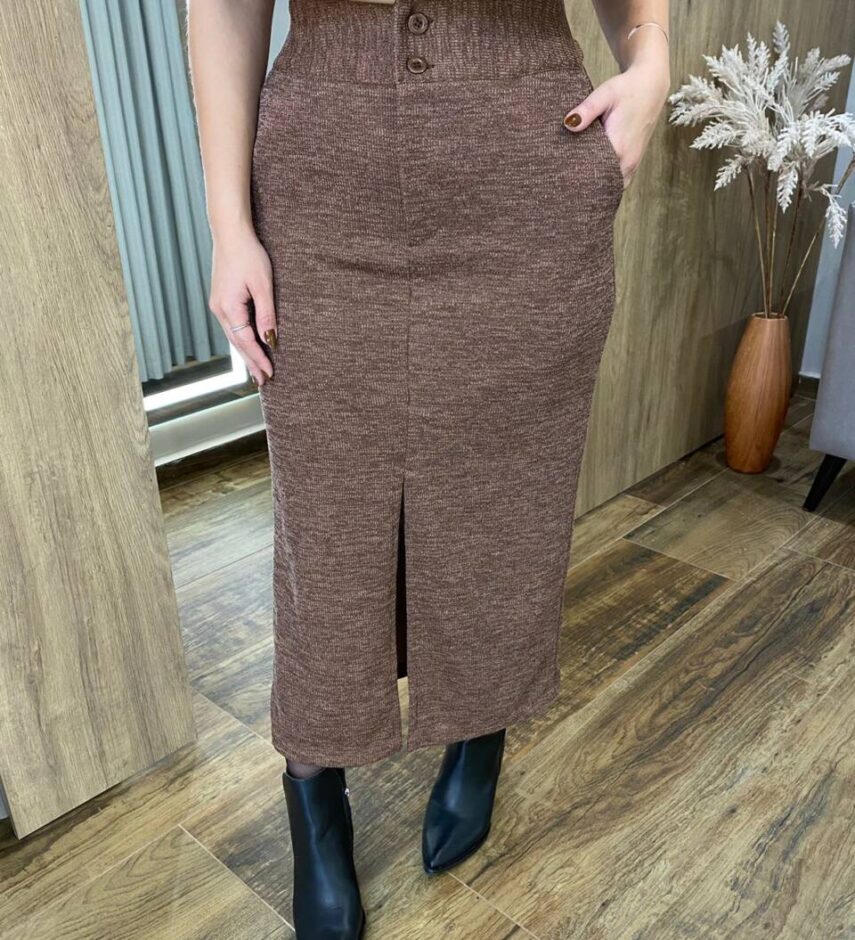 Conjunto Feminino Ana Blusa Manga Longa e Saia Midi com Fenda Marrom - Fernanda Ramos Store