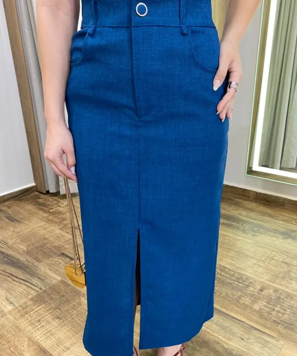 Conjunto Feminino Ana Cropped sem Bojo e Saia Longa Azul Petróleo - Fernanda Ramos Store