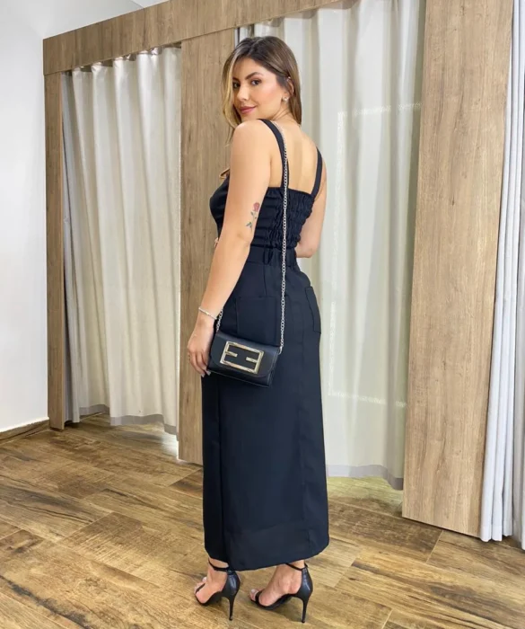 Conjunto Feminino Ana Cropped sem Bojo e Saia Longa Preto - Fernanda Ramos Store