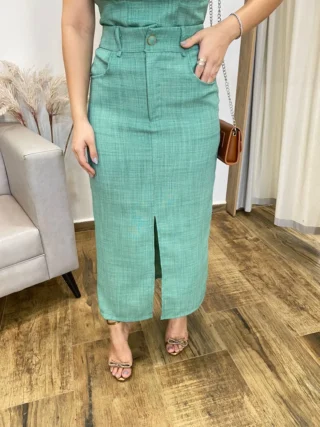 Conjunto Feminino Ana Cropped sem Bojo e Saia Longa Verde Menta - Fernanda Ramos Store