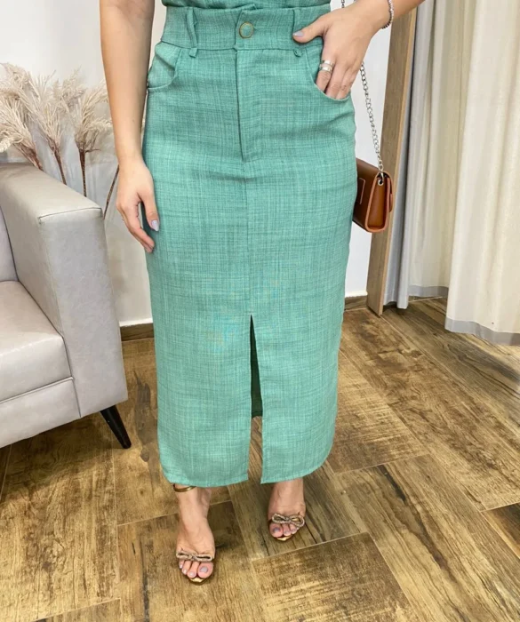 Conjunto Feminino Ana Cropped sem Bojo e Saia Longa Verde Menta - Fernanda Ramos Store