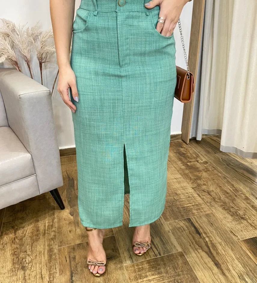 Conjunto Feminino Ana Cropped sem Bojo e Saia Longa Verde Menta - Fernanda Ramos Store