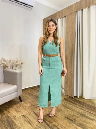 Conjunto Feminino Ana Cropped sem Bojo e Saia Longa Verde Menta - Fernanda Ramos Store