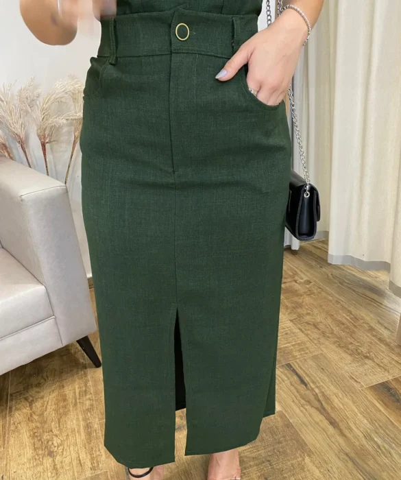 Conjunto Feminino Ana Cropped sem Bojo e Saia Longa Verde Militar - Fernanda Ramos Store