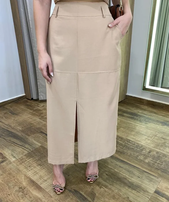 Conjunto Feminino Bege Cropped sem Bojo e Saia Longa com Fenda - Fernanda Ramos Store