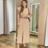 Conjunto Feminino Bege Cropped sem Bojo e Saia Longa com Fenda - Fernanda Ramos Store