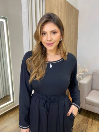 Conjunto Feminino Moletinho Cropped Manga Longa e Saia Midi Preto - Fernanda Ramos Store