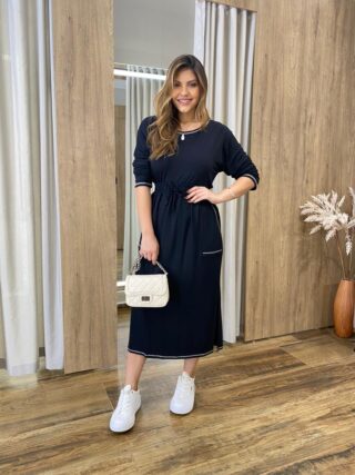 Conjunto Feminino Moletinho Cropped Manga Longa e Saia Midi Preto - Fernanda Ramos Store