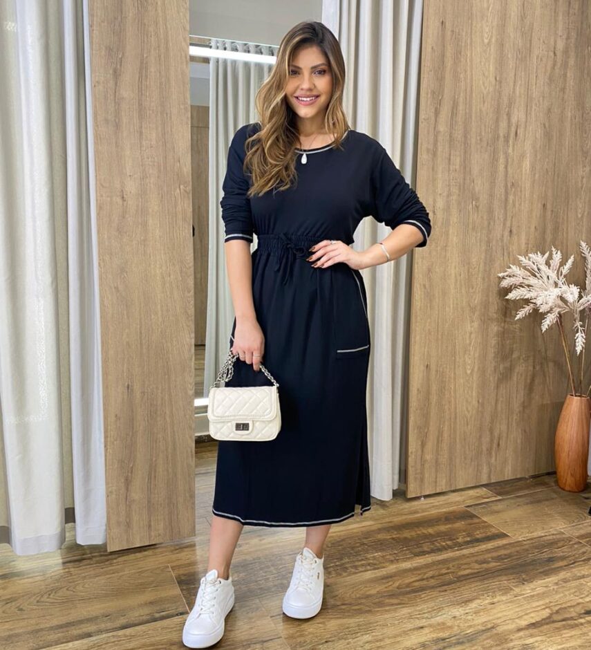 Conjunto Feminino Moletinho Cropped Manga Longa e Saia Midi Preto - Fernanda Ramos Store