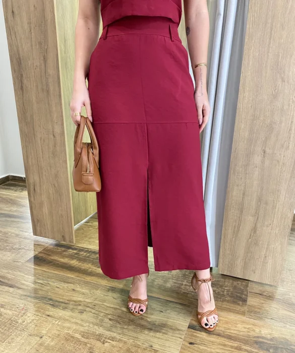 Conjunto Feminino Vinho Cropped sem Bojo e Saia Longa com Fenda - Fernanda Ramos Store